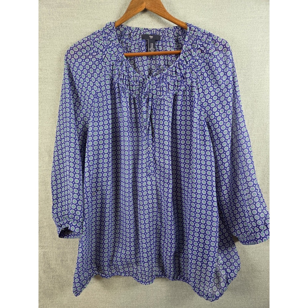 Gap Womens XL Sheer Geo Floral Blouse Blue Light Flowy Cottagecore Boho Career‎